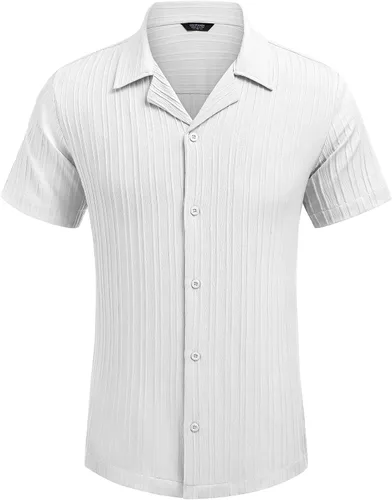 Vista 7 de COOFANDY Camisas casuales de manga corta con botones para hombre, camisa de playa con textura de moda para verano