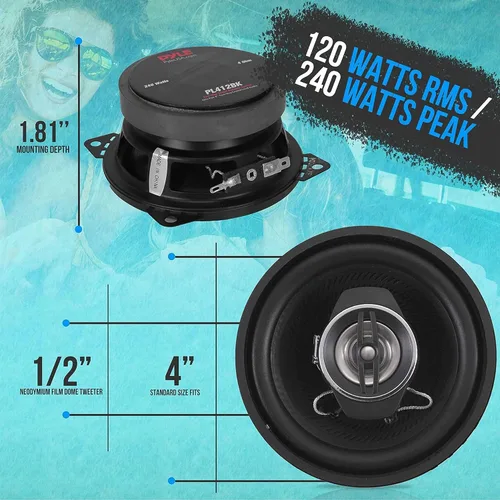 Vista 2 de Pyle Altavoces estéreo universales de 2 vías para automóvil, 240 W, 4 pulgadas, audio coaxial profesional potente, altavoz universal de repuesto