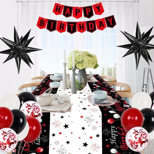 Vista 4 de Decoraciones de Cumpleaños Rojas para Hombres Mujeres Niños Niñas, 75 PCS Decoraciones de Fiesta Rojas y Negras Telón de Fondo Pancarta de Feliz