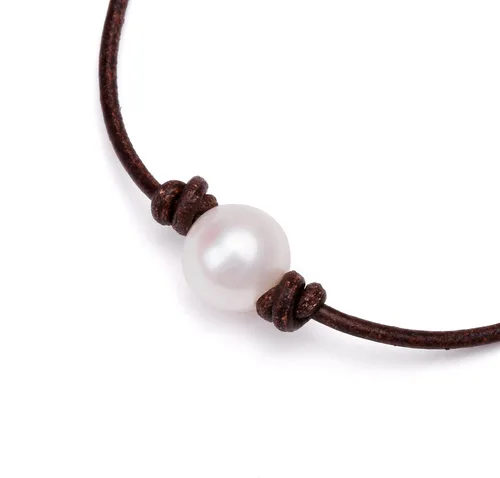 Vista 4 de Pulsera cultivada de agua dulce de una sola perla hecha a mano de cuero genuino pulsera de ágata Malaquita Tiger Eyes con encanto joyería sintética