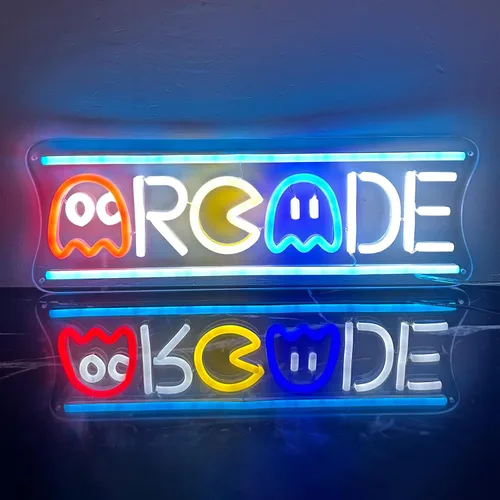 Vista 9 de Letrero de neón de arcade, retro fantasma, juego de arcade, letrero de luz de neón LED, regulable, lámpara nocturna 3D hecha a mano