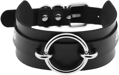 Vista 2 de Tosmifairy Gargantilla de piel sintética ancha negra para hombre, ajustable, gruesa, de poliuretano, para mujer, anillo redondo grande de aleación
