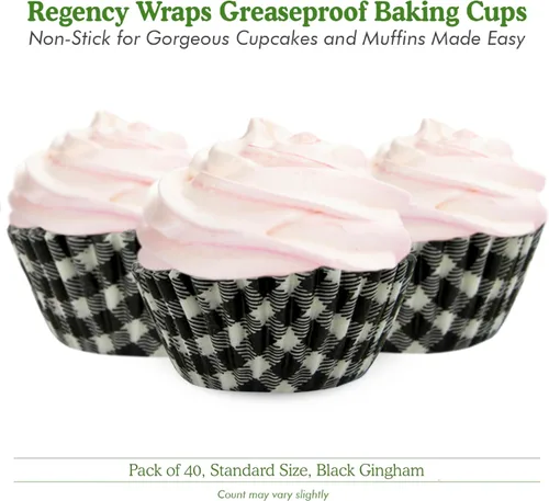 Vista 7 de Regency Wraps Vasos para hornear de grado profesional a prueba de grasa, paquete de 40 unidades, forros estándar, guingam negro, para cupcakes Negro