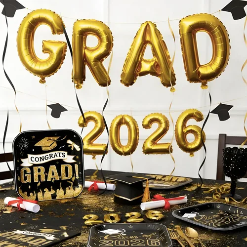 Vista 8 de Decoraciones de graduación 2026, suministros de fiesta de graduación negro y dorado con platos de papel desechables de 9 pulgadas, platos de postre