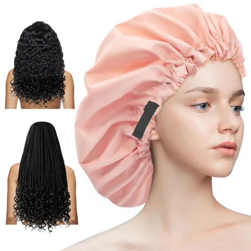 Vista 12 de Aquior Gorro de ducha para mujer, extra ajustable, doble capa, impermeable, reutilizable, gorra de pelo de tamaño grande para todo el cabello