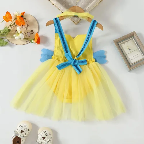 Vista 3 de AWIBMK Disfraz de platija para niñas pequeñas, color amarillo brillante, tutú de lentejuelas con diadema, disfraz de sirena para Halloween, cosplay