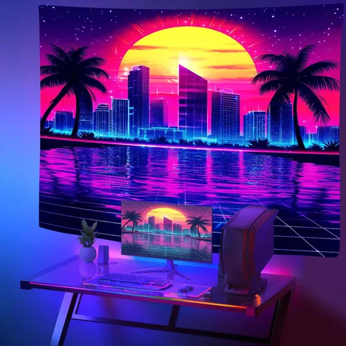 Vista 2 de Zpryzmia Blacklight Retro Synthwave Tapestry, UV Reactive Neon Punk City Tapestries Wall Hanging Black Lights Posters Starry Sky Sun Palm Trees