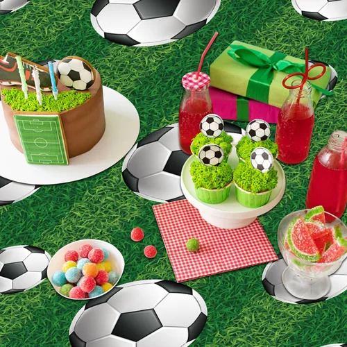 Vista 9 de Paquete de 4 manteles para fiesta de fútbol, manteles deportivos rectangulares de plástico, fundas de mesa para fiestas temáticas deportivas