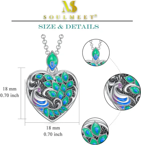 Vista 5 de SOULMEET Collar con medallón de búho de sabiduría en forma de corazón, colibrí, pavo real, pájaro cardenal que sostiene fotos de fotos, joyería