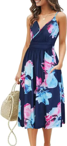 Vista 15 de Ouges Vestido corto de verano para mujer, con cuello en V, tirantes delgados, estampado floral y bolsillos, de fiesta