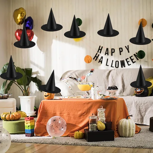 Vista 7 de Paquete de 2 sombreros de bruja negros para niños y adultos, sombrero de bruja con rop colgante para decoraciones de fiesta de Halloween
