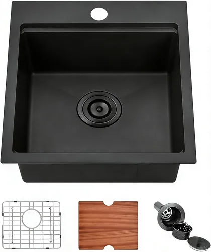 Vista 15 de IKEBANA Fregadero de barra negro de 15 x 15 pulgadas, fregadero de barra sumergible de acero inoxidable de calibre 16, montaje en la parte superior