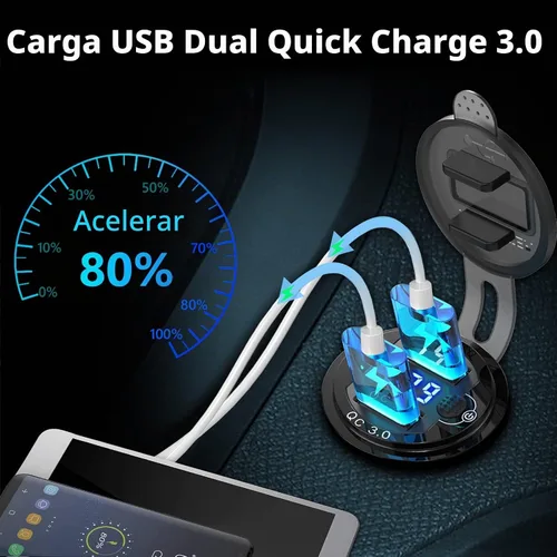 Vista 3 de [Carcasa de metal] Salida USB de 12 V Dual QC 3.0: Qidoe Enchufe de aluminio de 12 voltios para motocicleta con interruptor de botón voltímetro LED