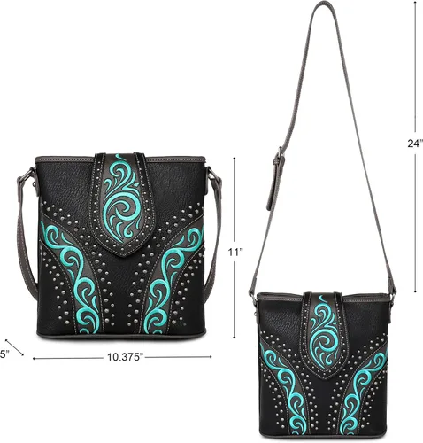 Vista 6 de American Bling Bolso cruzado para mujer, de cuero vegano, bolso de hombro de tamaño mediano con cartera, juego de 2 piezas