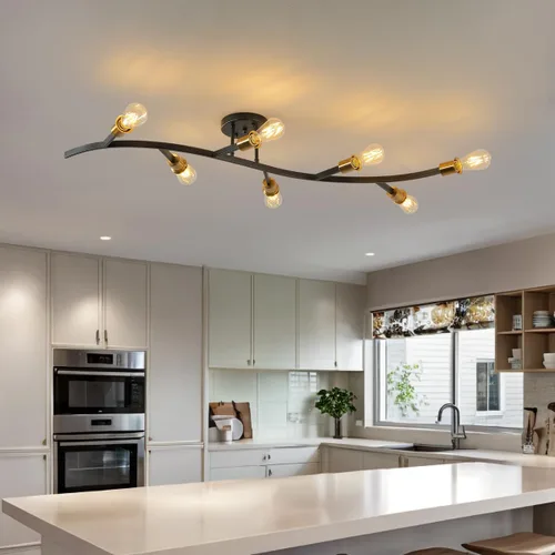 Vista 7 de Lámpara de Araña Sputnik Moderna Negra y Dorada de 3 Luces Semi Empotrada Luminaria de Techo para Entrada, Pasillo, Cocina, Dormitorio