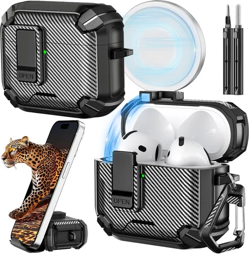 Vista 49 de Inesore Funda para AirPods Pro 1ª/2ª con bloqueo seguro (verde oscuro) Cubierta magnética de bloqueo automático con soporte para teléfono y kit