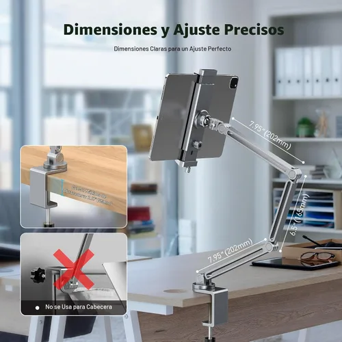 Vista 8 de AboveTEK Soporte para iPad 2 en 1 para escritorio, brazo de aluminio para iPad con abrazadera y cabezal de anillo magnético, soporte ajustable