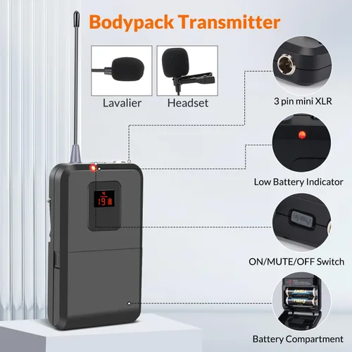Vista 4 de innopow Micrófono de solapa inalámbrico de 200 canales, sistema de micrófono Lavalier inalámbrico UHF dual, escaneo automático, largo alcance de 200
