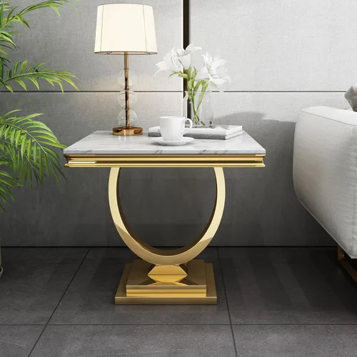 Vista 66 de SSLine Mesa de Centro Rectangular de Mármol Sintético para Sala de Estar, Mesa Central Moderna de Mármol Blanco de Lujo con Base Doble en Forma de U