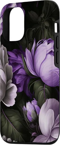 Vista 2 de Funda con estampado floral de flores de peonía púrpura y gris lavanda para iPhone 15