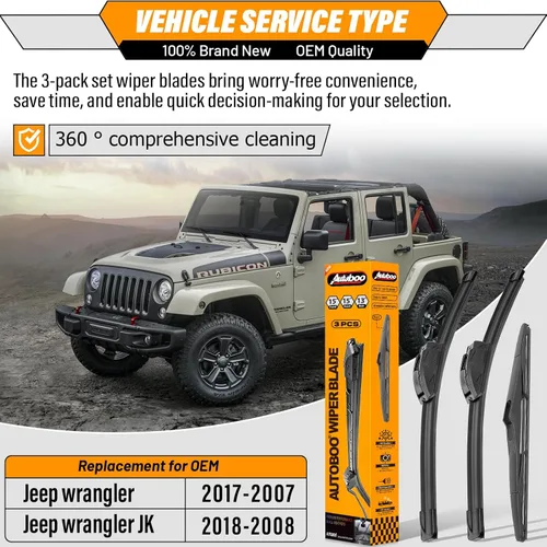Vista 2 de AUTOBOO Limpiaparabrisas de 15 + 15 pulgadas con limpiaparabrisas trasero de 13 pulgadas de repuesto para Jeep Wrangler JK 2008-2018, Jeep Wrangler