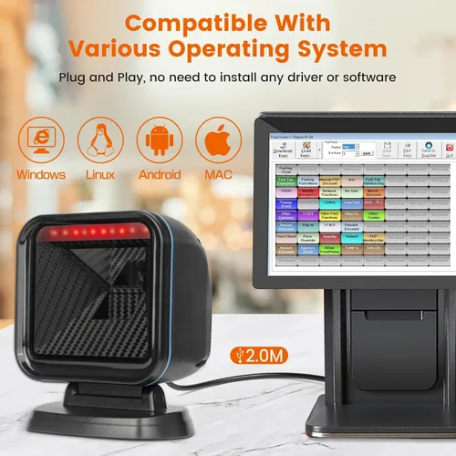Vista 2 de OBZ Escáner de código de barras de escritorio 2D omnidireccional manos libres USB lector de código de barras, PDF417 escáner de matriz de datos