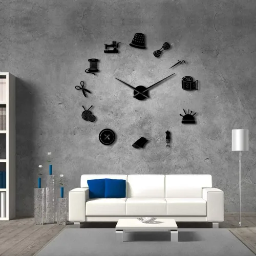 Vista 4 de The Geeky Days Tailor Shop Reloj de pared gigante de bricolaje, costurera, costurera, maniquí, máquina de coser, barra de agujas, reloj grande