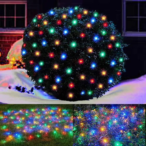 Vista 10 de HISHINY Red de luces de Navidad para exteriores, cable verde de 100 luces LED de 5 x 5 pies, cadena de luces de malla conectable para Navidad