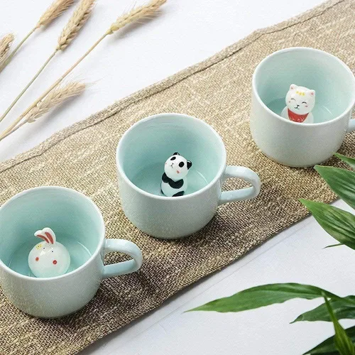 Vista 4 de ZaH Taza de café con diseño de animales con diseño de dibujos animados en 3D, para niños, niñas, mujeres, hombres (panda y gato de la suerte)