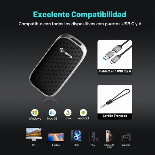Vista 5 de PHIXERO P5 SSD portátil externo de 1 TB - Disco duro externo de 5 Gbps con USB C a C 2 en 1 y cable USB C a A para PC, Mac, PS5, Xbox, antigolpes