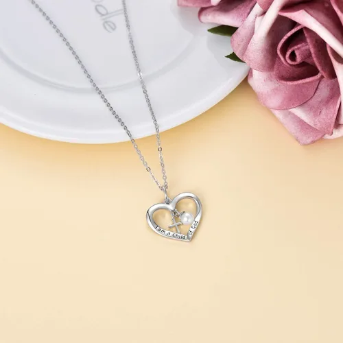 Vista 3 de PEIMKO Regalos de bautismo para niñas, collar con colgante de cruz con texto en inglés "I am a Child of GodGod", plata de ley 925, regalos