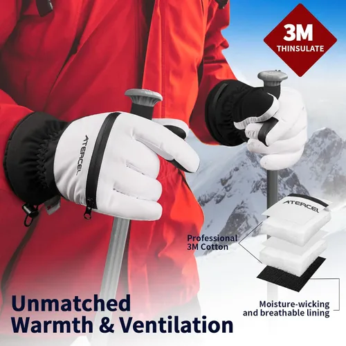 Vista 2 de ATERCEL Guantes de esquí impermeables, guantes Thinsulate cálidos 3M, pantalla táctil, ideales para hombres y mujeres en esquí, snowboard, motos