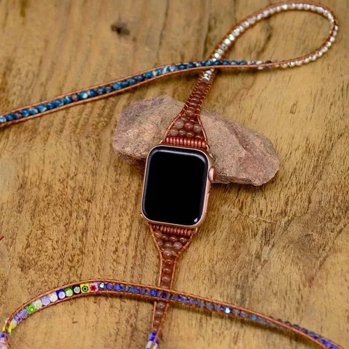Vista 8 de Correa de reloj de cuerda trenzada con cuentas, estilo bohemio, gira 5 veces, múltiples capas, compatible con reloj Apple Watch de 45 mm, 41 mm, 44