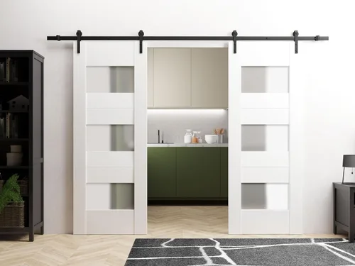 Vista 2 de VDOMDOORS Moderna puerta doble de granero de 36 x 80 pulgadas con vidrio opaco/seda blanca Sete 6003 / juego de rieles de 13 pies/puertas interiores
