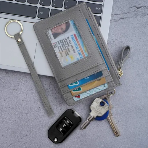 Vista 7 de Aiyo Nice Funda delgada para tarjetas RFID para mujer, cartera con cremallera, cartera de piel pequeña, monedero con llavero