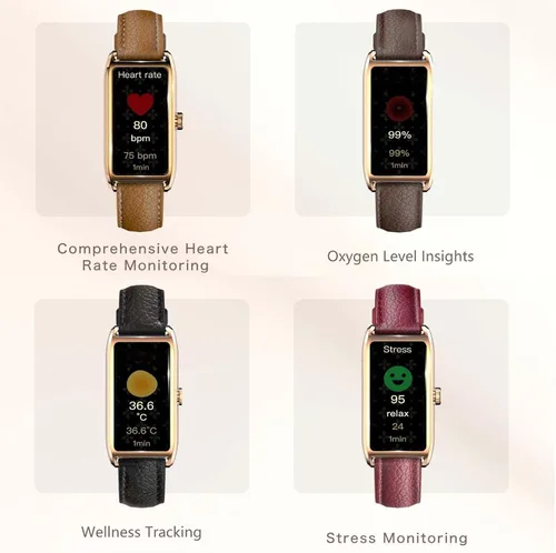 Vista 5 de Amoled Laies - Reloj inteligente para mujer, reloj inteligente con correa de piel, monitor de ritmo cardíaco, estrés, sueño, 12 modos deportivos
