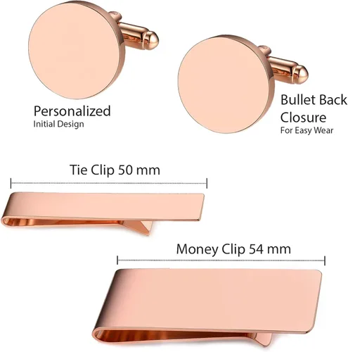 Vista 2 de Gemelos para hombre Letra del alfabeto inicial A-Z Acero pulido en tono oro rosa Clip para dinero, barra de corbata, tachuelas de camisa