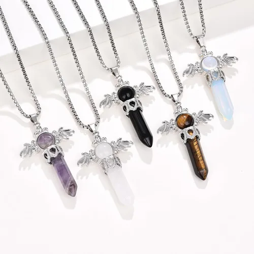 Vista 3 de Collar de cristal curativo para mujer, collar con dije de alas de ángel, piedras natales, piedras preciosas para mujeres y hombres, colgante de cruz