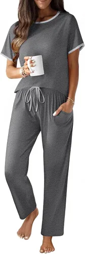 Vista 17 de Ekouaer - Conjunto de pijama de 100% algodón para mujer, manga corta, con pantalón largo, 2 piezas, juego de ropa para dormir con bolsillo