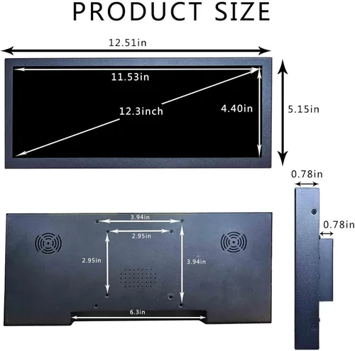 Vista 4 de VSDISPLAY Monitor LCD Android11 de 12,3 pulgadas 1920x720 IPS barra estirada LCD compatible con USB Autocopia reproducción automática salida