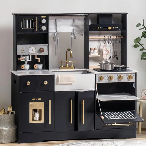 Vista 11 de ROBOTIME Juego de cocina de madera para niños, juego de cocina para niños pequeños con máquina de hielo y cafetera, juguete de cocina realista