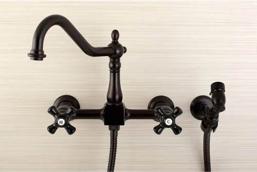 Vista 3 de Kingston Brass KS1245PKXBS Grifo de cocina con puente de montaje en pared de duquesa con spray de latón, bronce aceitado