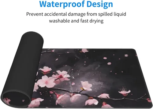 Vista 5 de Alfombrilla de mouse para juegos con diseño de flores y cerezas, base de goma antideslizante, alfombrilla de mouse extendida con bordes cosidos