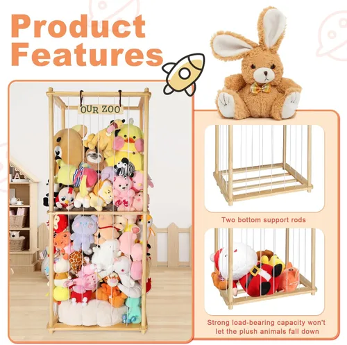 Vista 4 de Estante organizador grande de peluche de 63 pulgadas para niños, estante organizador de almacenamiento de felpa de madera con cordón elástico