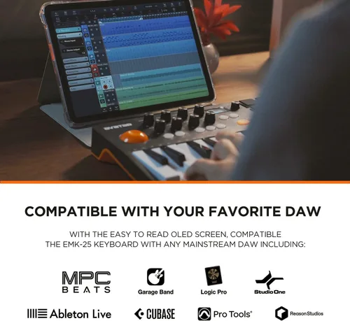 Vista 4 de Controlador de teclado MIDI Bluetooth portátil HXW, con 25 teclas, 9 almohadillas de ritmo retroiluminadas, pantalla OLED, 8 perillas, software