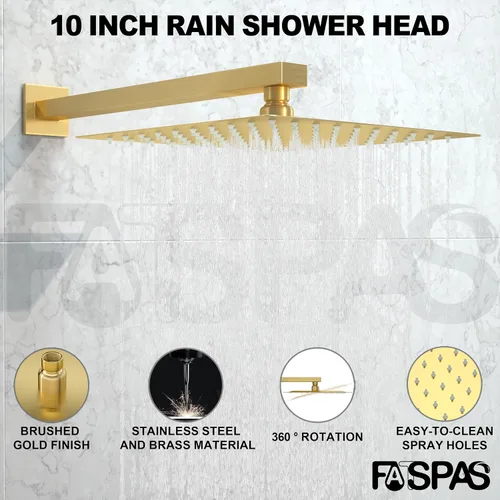 Vista 2 de Sistema de ducha dorado cepillado con cabezal de ducha de lluvia de 10 pulgadas y boquilla de bañera cUPC-certified pressure balance brass valve