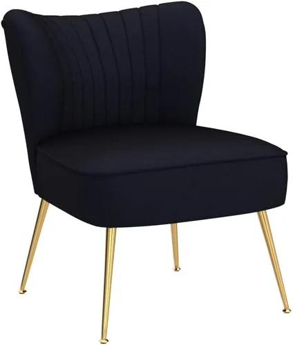 Vista 4 de Shunzhi Juego de 2 sillas decorativas de terciopelo negro con patas doradas, sillas laterales tapizadas modernas de mediados de siglo