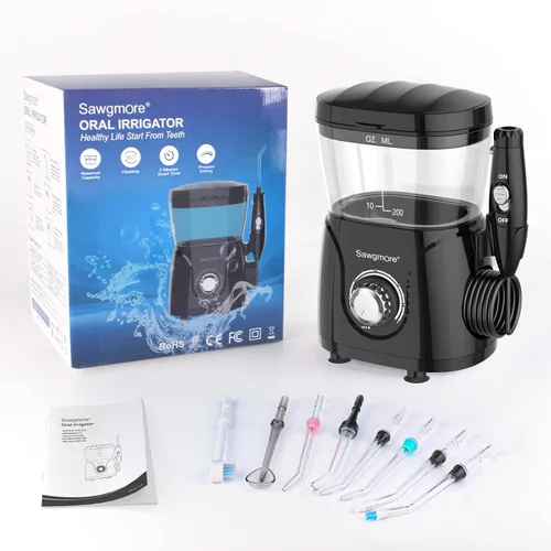 Vista 8 de Sawgmore FC166 - Irrigador dental de agua para dientes y aparatos ortopédicos, gran capacidad de 20.3 fl oz, 10 presiones ajustables, 8 boquillas