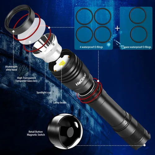 Vista 3 de Linterna de buceo de 3000LM con luz de buceo recargable, linterna subacuática de 328 pies IPX8 impermeable 4 modos de luz de seguridad con cargador