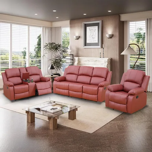 Vista 59 de Juego de Muebles para Sala de Estar, Juego de Sofá Reclinable Manual, Juegos de Sofás Reclinables de Cuero Beige con Mesa Desplegable, Sofá